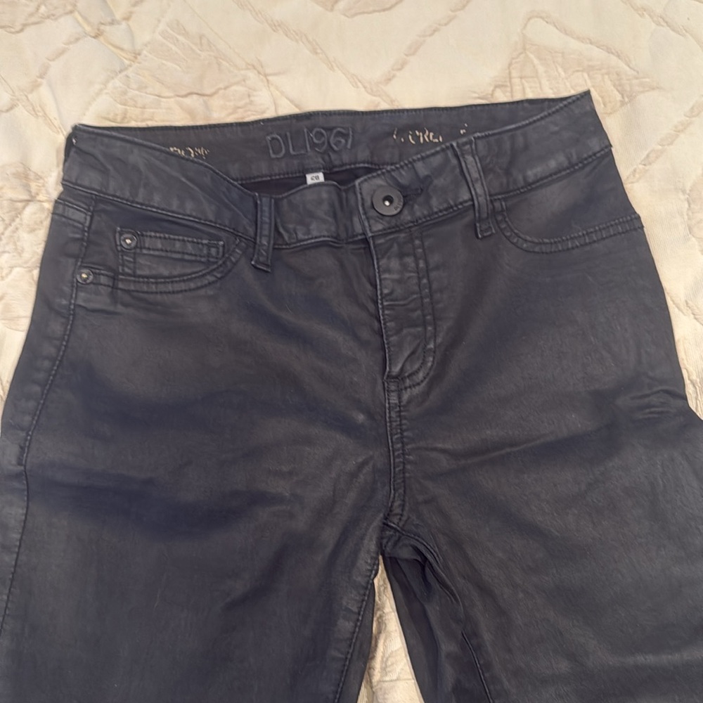 Size 28DL premium denim coated like faux finish, black skinny jeans